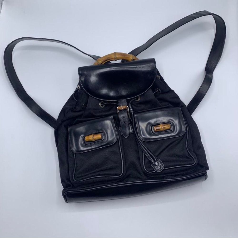 Vintage Gucci Backpack Bamboo Leather and Nylon Black